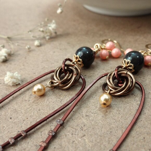 Copper and Gold Fantasy Folk Dangle Earring - Picture 4 of 5